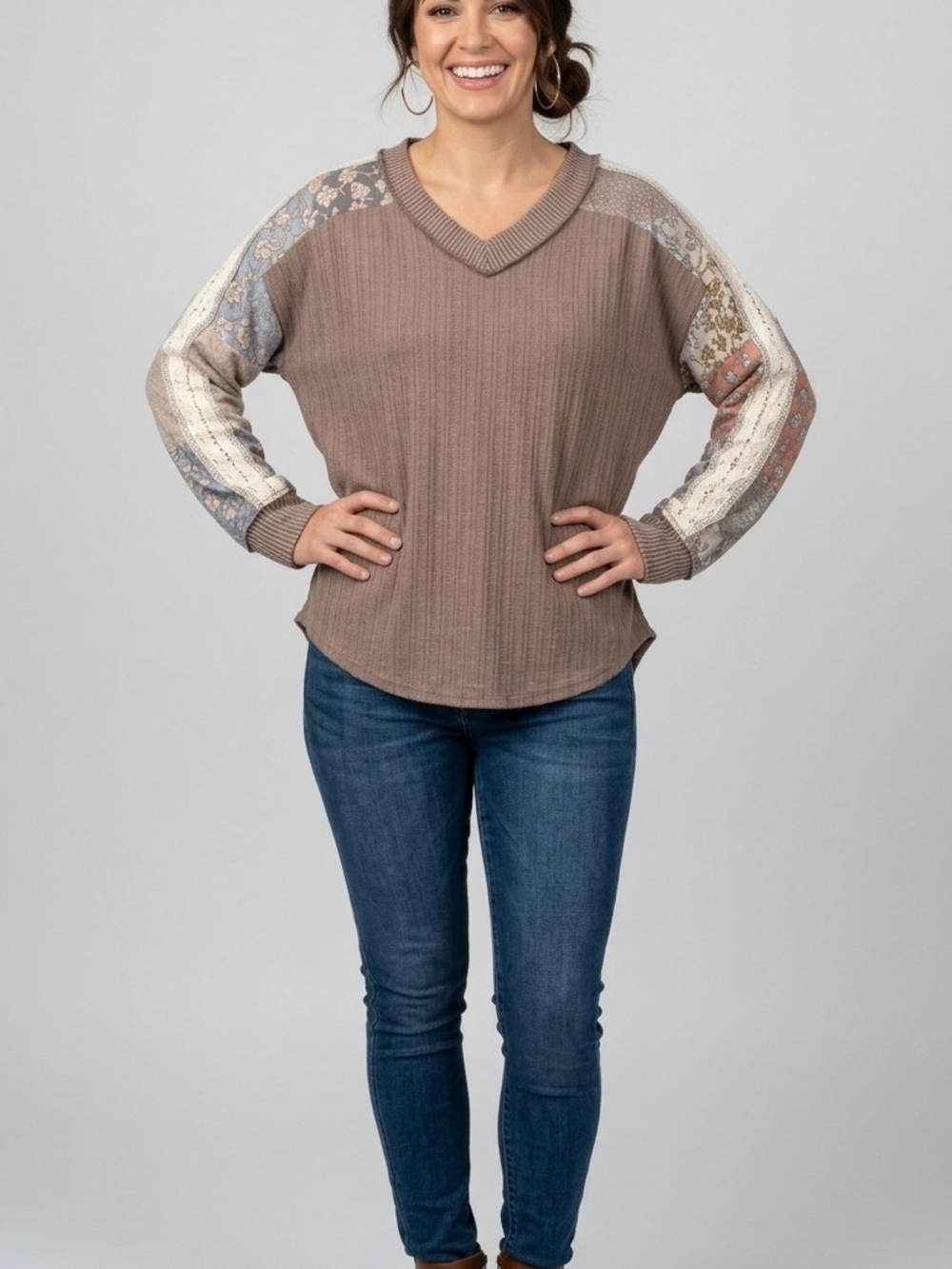 7th Ray Taupe V-Neck Patchwork Sleeve Sweatshirt